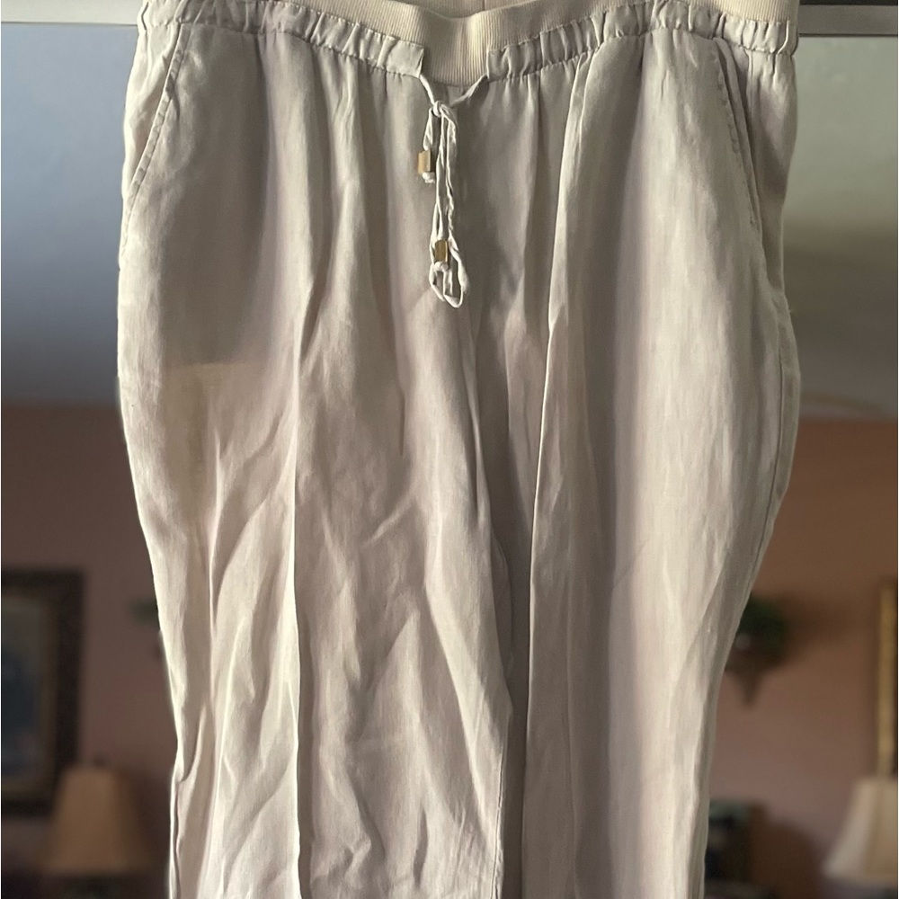 Like New Ellen Tracy Sand Beige Linen Palazzo Pants with Detailed Drawstring  L